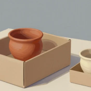 Gouache painting of a large cardboard box holding a terracotta pot with empty space around it beside a small snug box with a cream pot