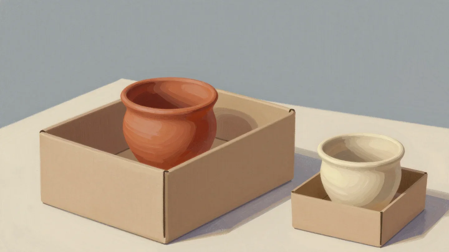 Gouache painting of a large cardboard box holding a terracotta pot with empty space around it beside a small snug box with a cream pot