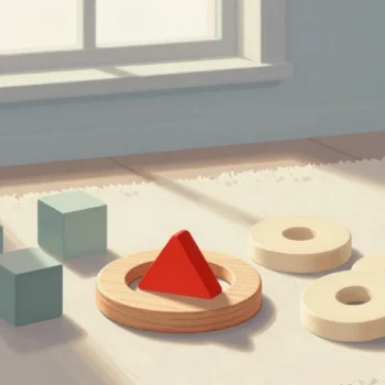Gouache painting of a vermilion triangle block resting in a wooden ring beside sage cubes and cream rings on a playroom rug