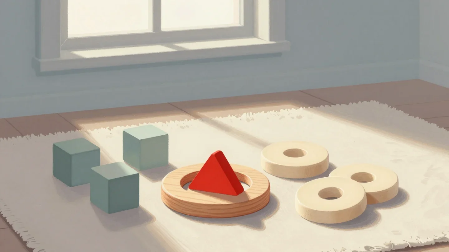 Gouache painting of a vermilion triangle block resting in a wooden ring beside sage cubes and cream rings on a playroom rug