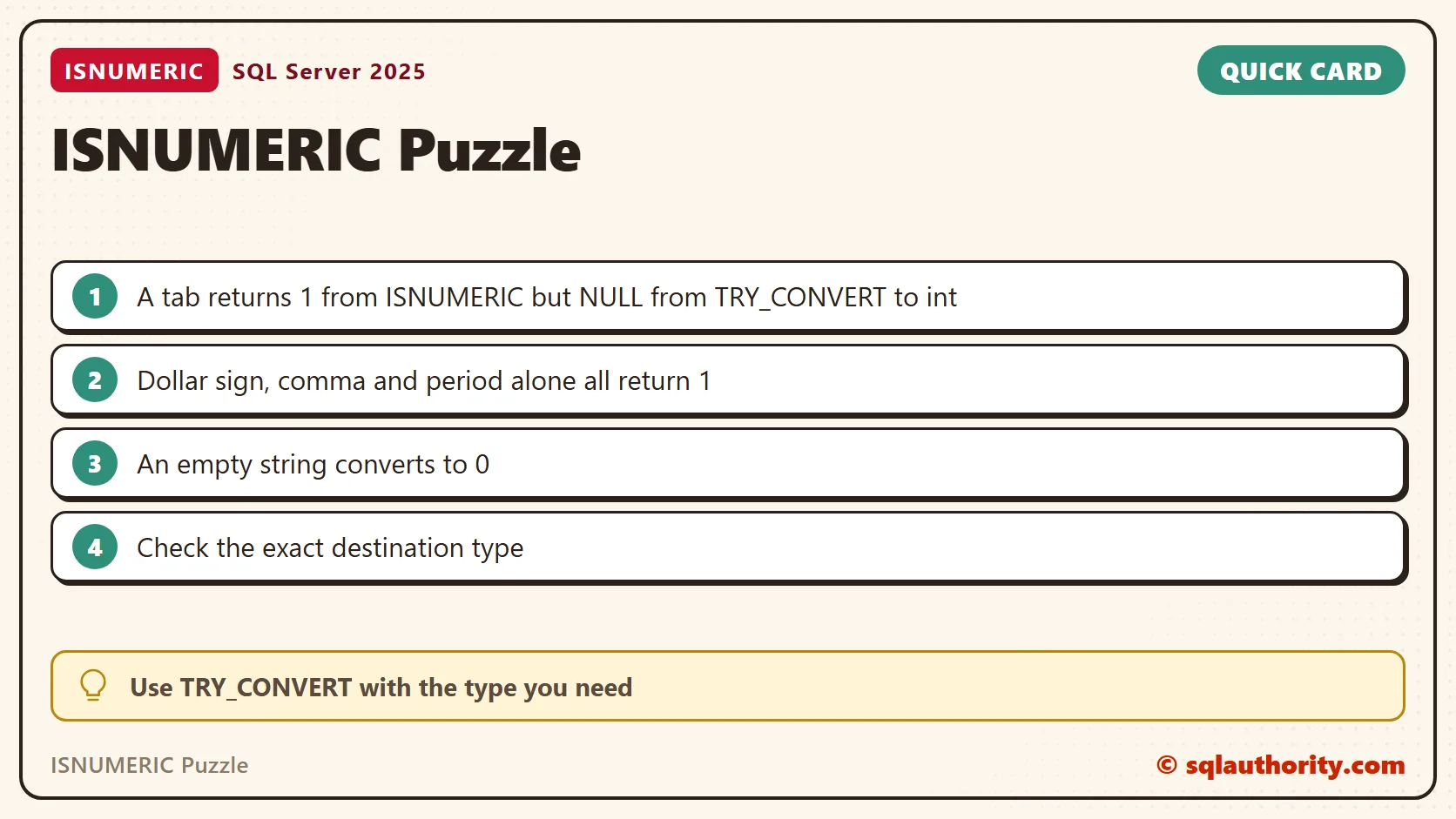 Quick reference card: ISNUMERIC Puzzle: SQL in Sixty Seconds #076