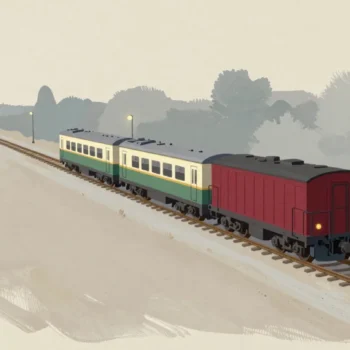 Gouache painting of a short train with green carriages and a dark vermilion wagon at the front running along a track at dusk