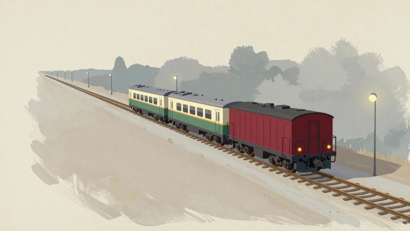 Gouache painting of a short train with green carriages and a dark vermilion wagon at the front running along a track at dusk