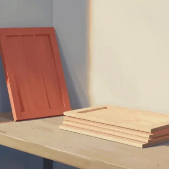 Gouache painting of a vermilion template board beside a pile of identical pieces cut from it on a workbench