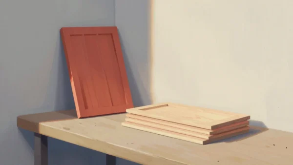 Gouache painting of a vermilion template board beside a pile of identical pieces cut from it on a workbench
