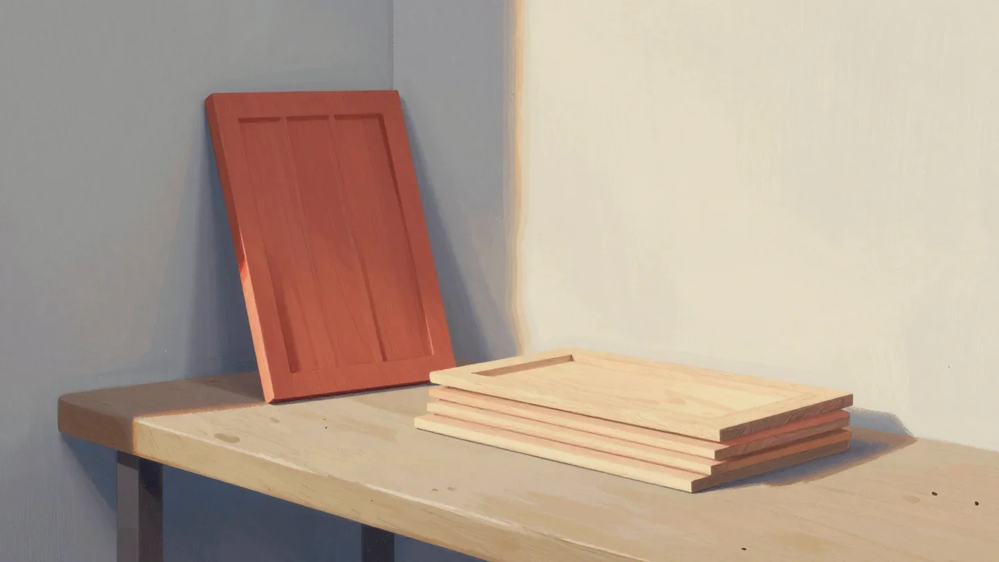 Gouache painting of a vermilion template board beside a pile of identical pieces cut from it on a workbench