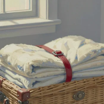 Gouache painting of a wicker trunk half packed with neat folded blankets and a vermilion strap left half buckled