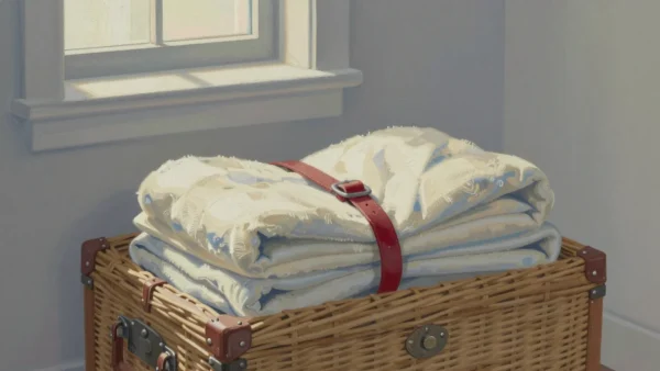 Gouache painting of a wicker trunk half packed with neat folded blankets and a vermilion strap left half buckled