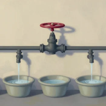 Gouache painting of five running taps over basins with a large vermilion valve wheel above them