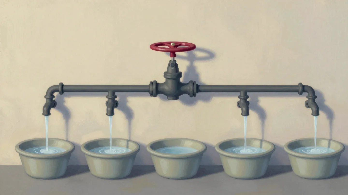 Gouache painting of five running taps over basins with a large vermilion valve wheel above them
