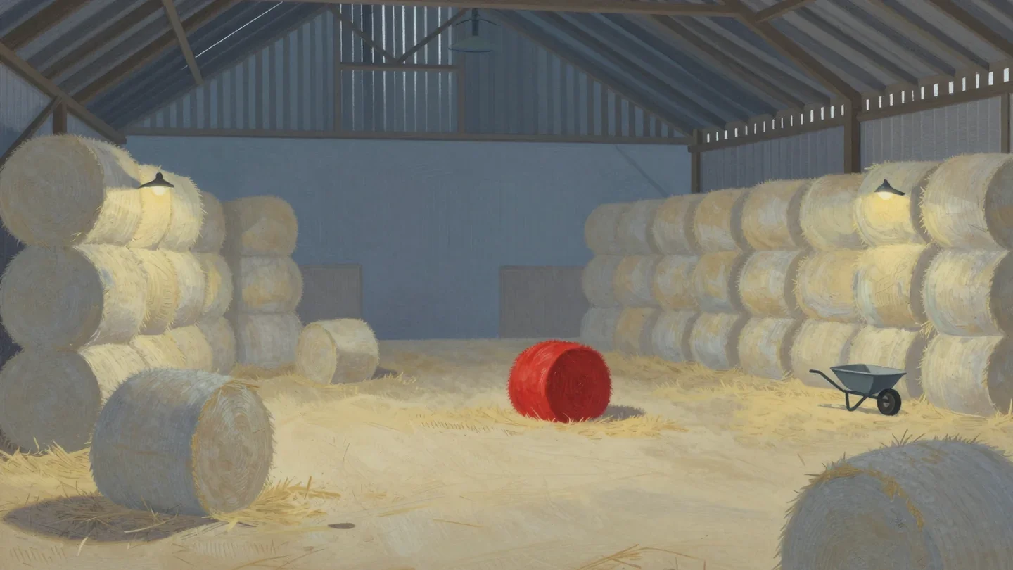 Gouache painting of a huge barn of hay bales with one vermilion bale and a tiny wheelbarrow