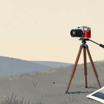 Gouache painting of a vermilion vintage camera on a tripod beside a print of the hill it points at