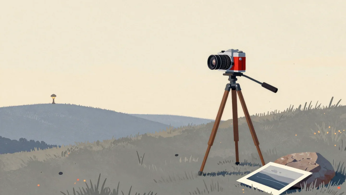 Gouache painting of a vermilion vintage camera on a tripod beside a print of the hill it points at