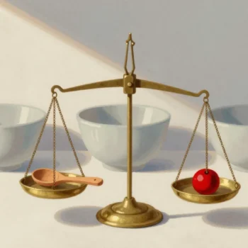 Gouache painting of a brass balance scale weighing a wooden spoon against a vermilion weight, with mixing bowls behind it