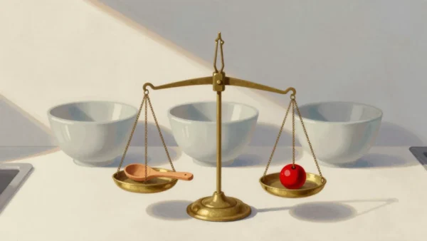 Gouache painting of a brass balance scale weighing a wooden spoon against a vermilion weight, with mixing bowls behind it