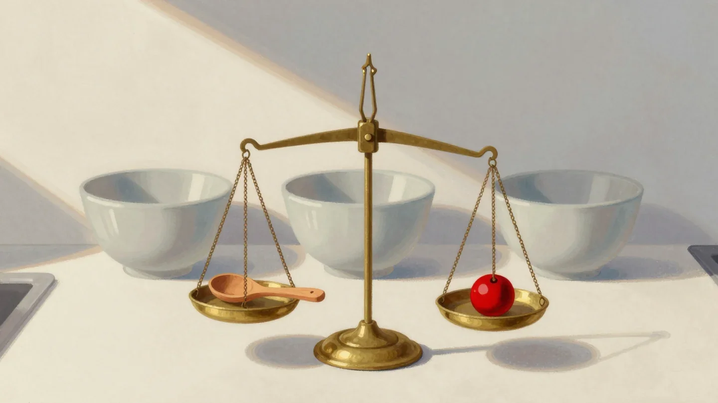 Gouache painting of a brass balance scale weighing a wooden spoon against a vermilion weight, with mixing bowls behind it
