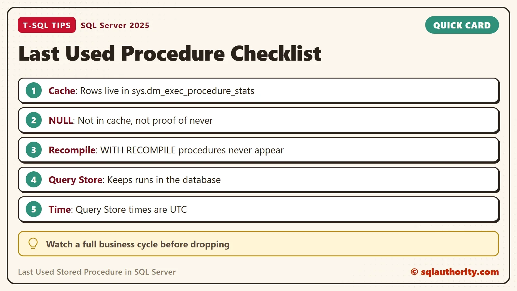Quick card titled Last Used Procedure Checklist: Cache: Rows live in sys.dm_exec_procedure_stats. NULL: Not in cache, not proof of never. Recompile: WITH RECOMPILE procedures never appear. Query Store: Keeps runs in the database. Time: Query Store times are UTC. Tip: Watch a full business cycle before dropping.
