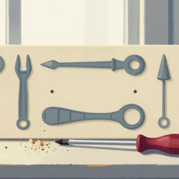 Gouache painting of a pegboard with grey tool shapes and a screwdriver with a vermilion handle lying on the bench