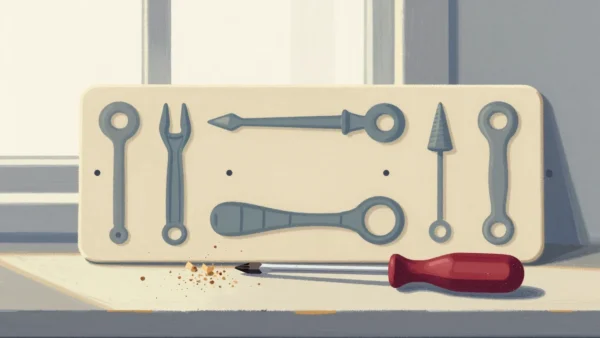 Gouache painting of a pegboard with grey tool shapes and a screwdriver with a vermilion handle lying on the bench
