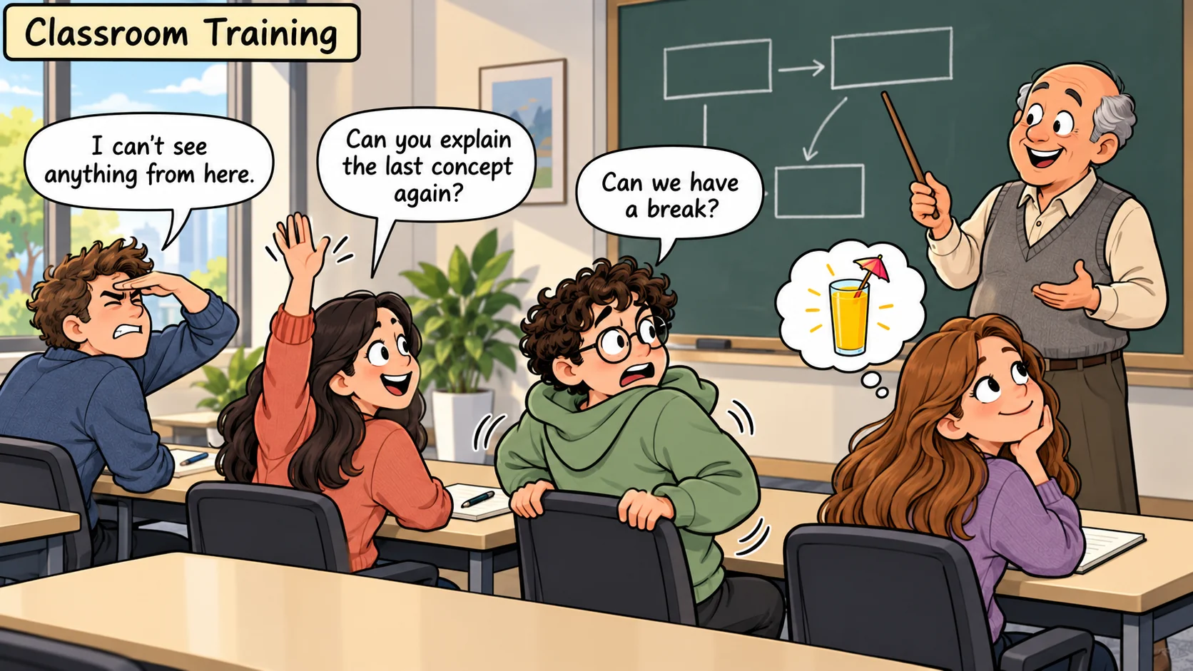 Cartoon titled Classroom Training: a trainer points proudly at a chalkboard of boxes and arrows while trainees say I can't see anything from here, Can you explain the last concept again? and Can we have a break? and one daydreams of a mango juice with a tiny umbrella