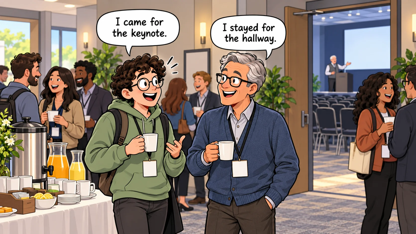 Cartoon: in a conference hallway by a tea and juice table, two developers wearing lanyards laugh together while a session room behind them sits nearly empty; one says I came for the keynote, and the other replies I stayed for the hallway