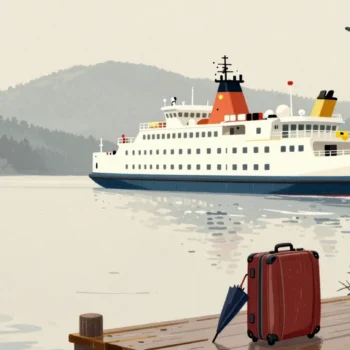 Gouache painting of a packed red suitcase and a closed umbrella on a pier by a ferry with evergreen trees behind