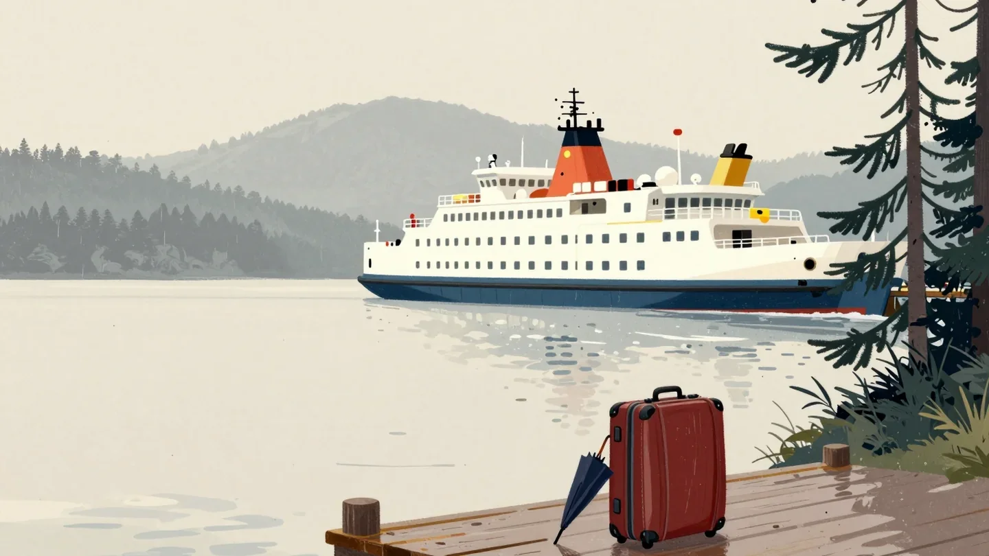 Gouache painting of a packed red suitcase and a closed umbrella on a pier by a ferry with evergreen trees behind