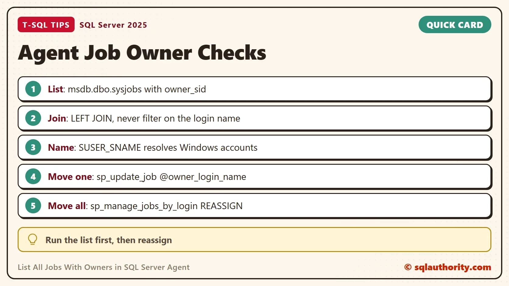 Quick card titled Agent Job Owner Checks: List: msdb.dbo.sysjobs with owner_sid. Join: LEFT JOIN, never filter on the login name. Name: SUSER_SNAME resolves Windows accounts. Move one: sp_update_job @owner_login_name. Move all: sp_manage_jobs_by_login REASSIGN. Tip: Run the list first, then reassign.