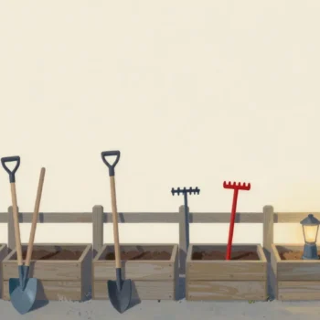 Gouache painting of a row of garden plots each with its own tool leaning beside it, one rake vermilion