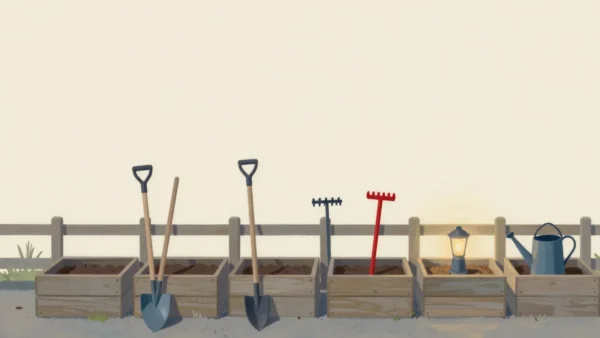 Gouache painting of a row of garden plots each with its own tool leaning beside it, one rake vermilion