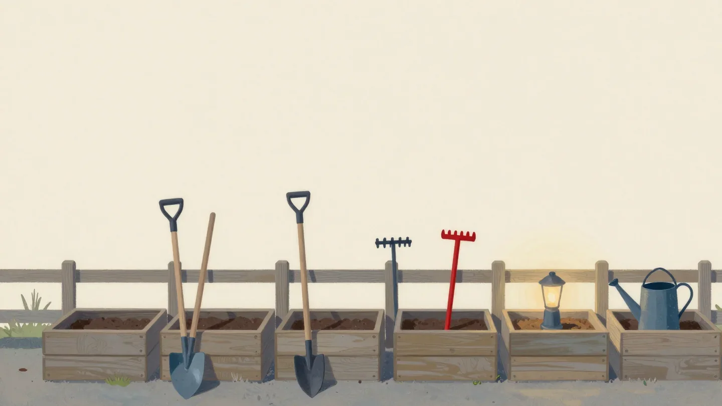 Gouache painting of a row of garden plots each with its own tool leaning beside it, one rake vermilion