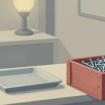 Gouache painting of an empty tray beside a vermilion crate packed with nails on a shop counter