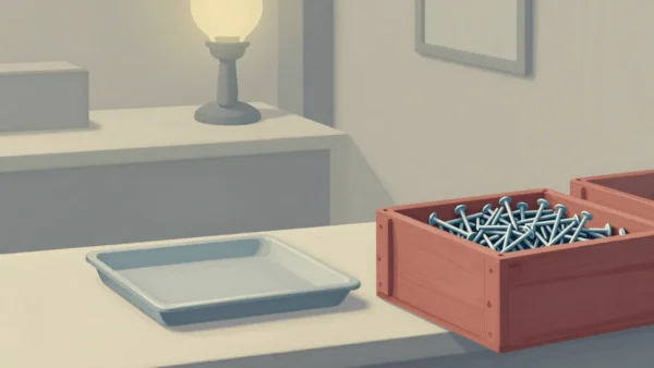 Gouache painting of an empty tray beside a vermilion crate packed with nails on a shop counter