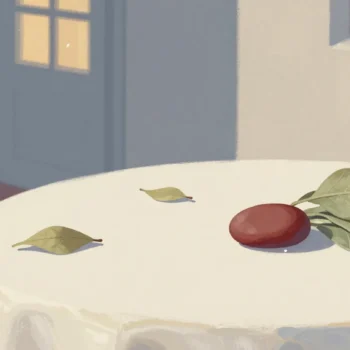 Gouache painting of a neat stack of leaves held down by a vermilion stone while loose leaves lie at the edge of the table
