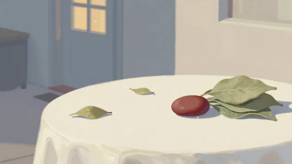 Gouache painting of a neat stack of leaves held down by a vermilion stone while loose leaves lie at the edge of the table