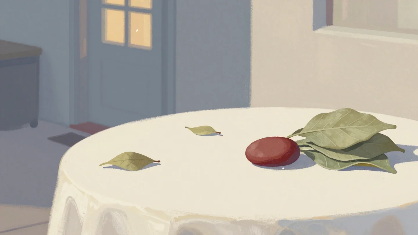 Gouache painting of a neat stack of leaves held down by a vermilion stone while loose leaves lie at the edge of the table