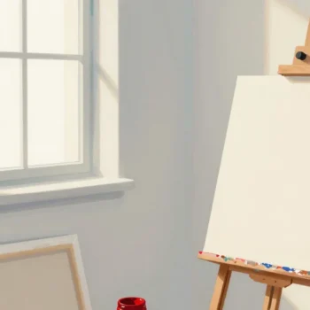 Gouache painting of a ready blank canvas on an easel beside a primed canvas and a pot of vermilion paint