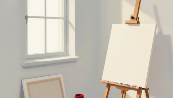 Gouache painting of a ready blank canvas on an easel beside a primed canvas and a pot of vermilion paint