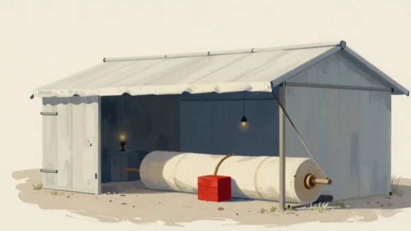 Gouache painting of a large roll of sailcloth on a drum inside an open shed, with a vermilion block wedged under it