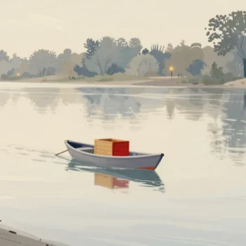 Gouache painting of a small rowing boat carrying a red crate across a river with no bridge