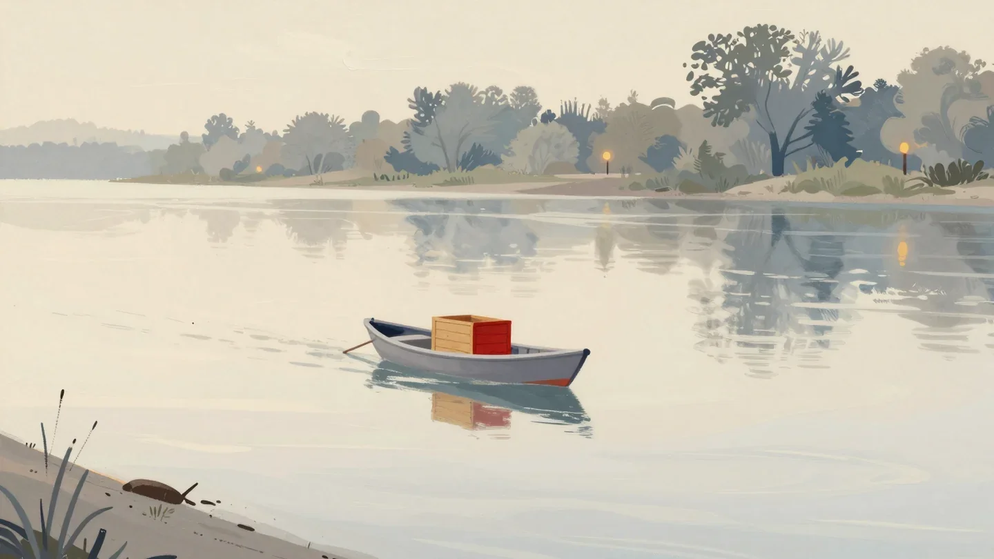 Gouache painting of a small rowing boat carrying a red crate across a river with no bridge