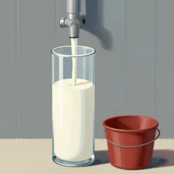 Gouache painting of a tall glass cylinder filling with milk beside an empty vermilion pail