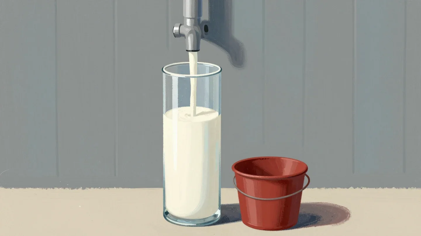 Gouache painting of a tall glass cylinder filling with milk beside an empty vermilion pail
