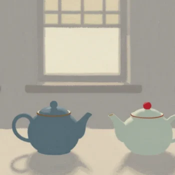 Gouache painting of two matching teapots wearing each other's lids, one lid vermilion