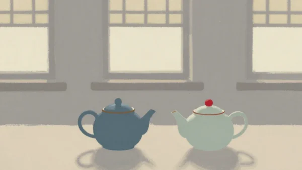 Gouache painting of two matching teapots wearing each other's lids, one lid vermilion