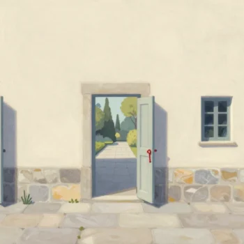 Gouache painting of a courtyard wall with three open blue-grey doors, each with a small vermilion key in its lock