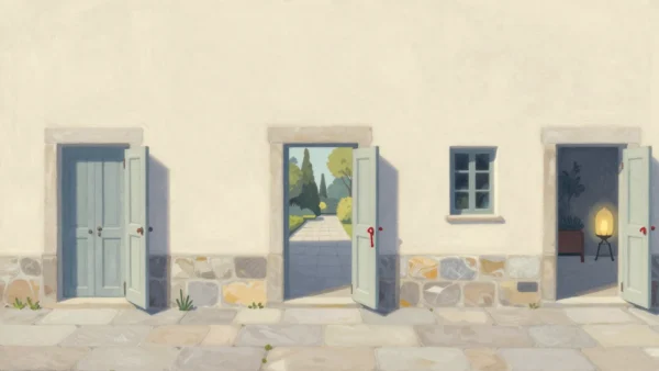 Gouache painting of a courtyard wall with three open blue-grey doors, each with a small vermilion key in its lock