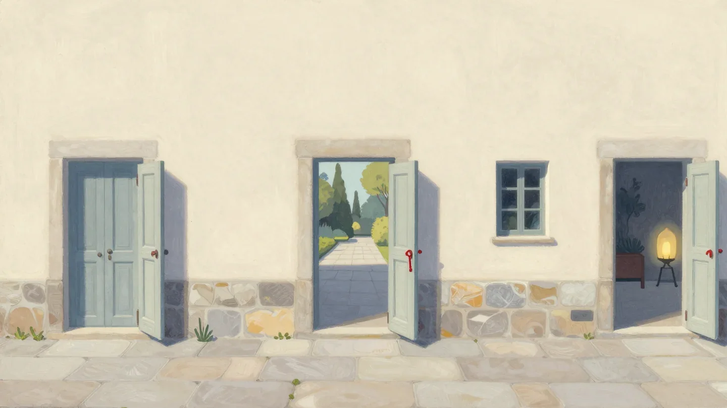 Gouache painting of a courtyard wall with three open blue-grey doors, each with a small vermilion key in its lock