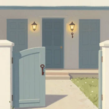 Gouache painting of a garden gate with a large key and a porch of three doors, one with a small red key