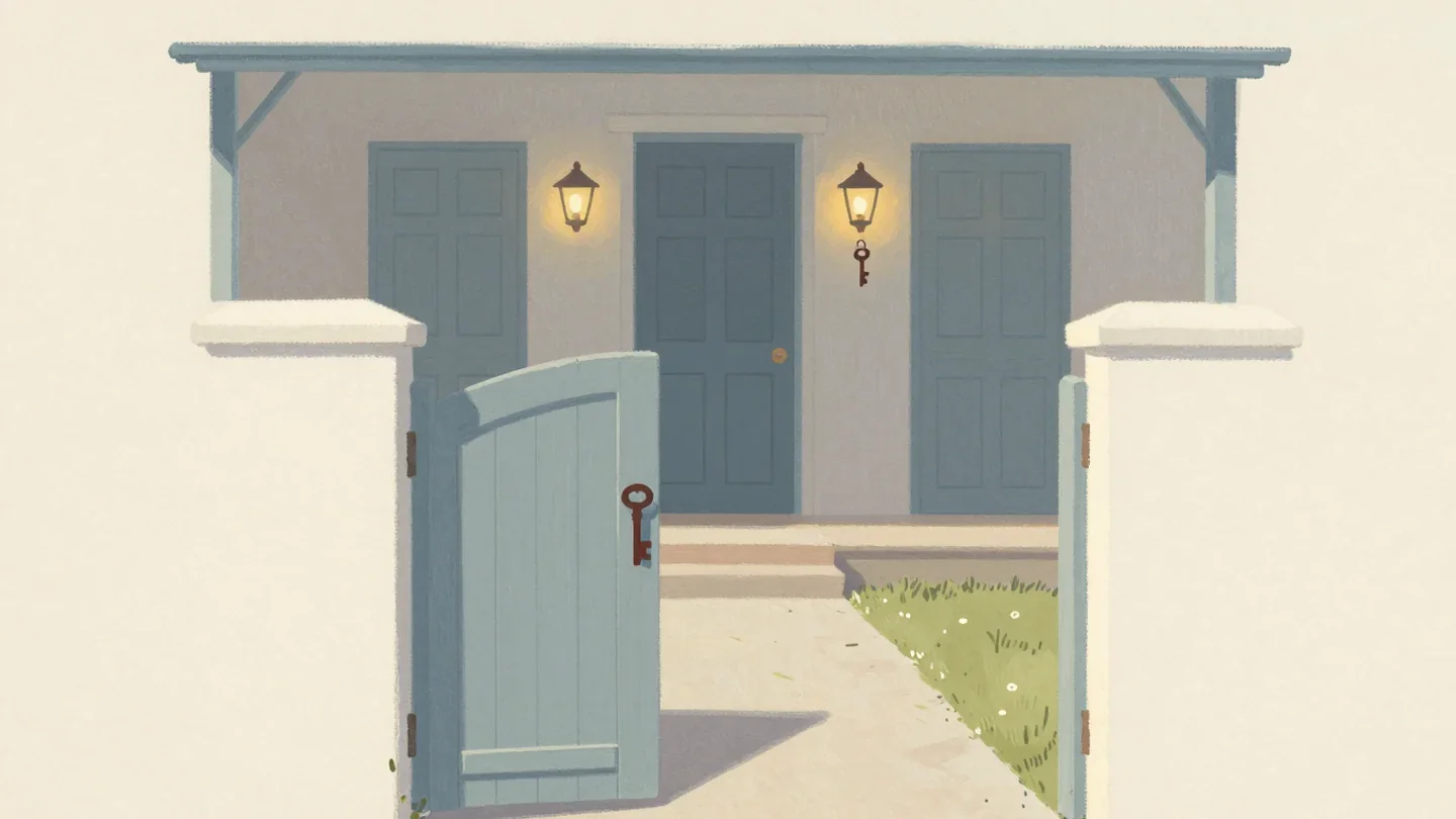 Gouache painting of a garden gate with a large key and a porch of three doors, one with a small red key